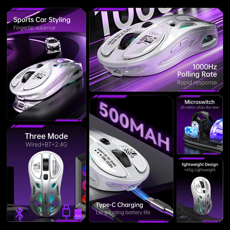 Wireless 2.4G Tri-Mode Rgb Gaming Mouse Hollow Lightweight Design With Chroma Lighting Wired Bluetooth E-Sports Mouse Controller