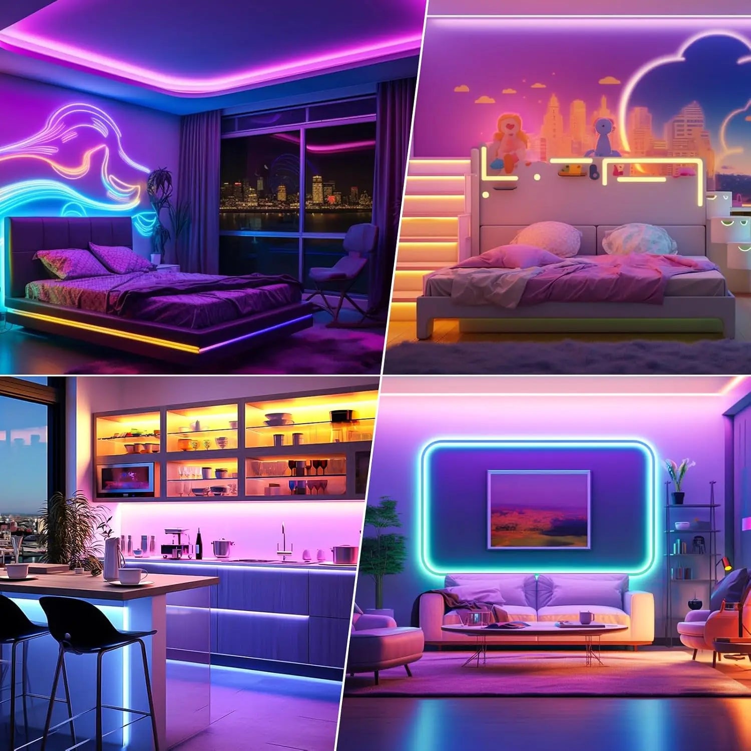 Smart LED Strip Lights with Adhesive Backing，RGB 16 Million Colors Strip Lamp with App/Remote，Adjustable Brightness，Music Sync