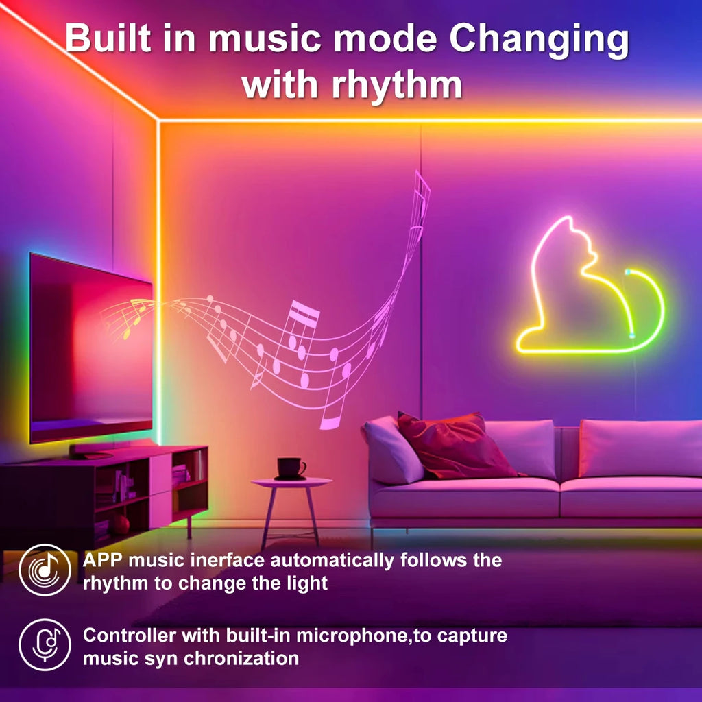 USB RGBIC Neon LED Strip Lights with Bluetooth APP Control Music Sync Waterproof Flexible Tape for Gaming Room Party Decor