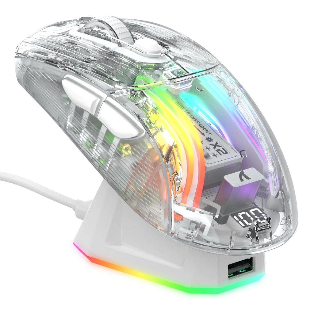 ATTACK SHARK X2 Pro Tri-mode Gaming Mouse with RGB Charging Dock, Transparent Shell, PixArt 3212, Up to 4000 DPI, RGB Backlit