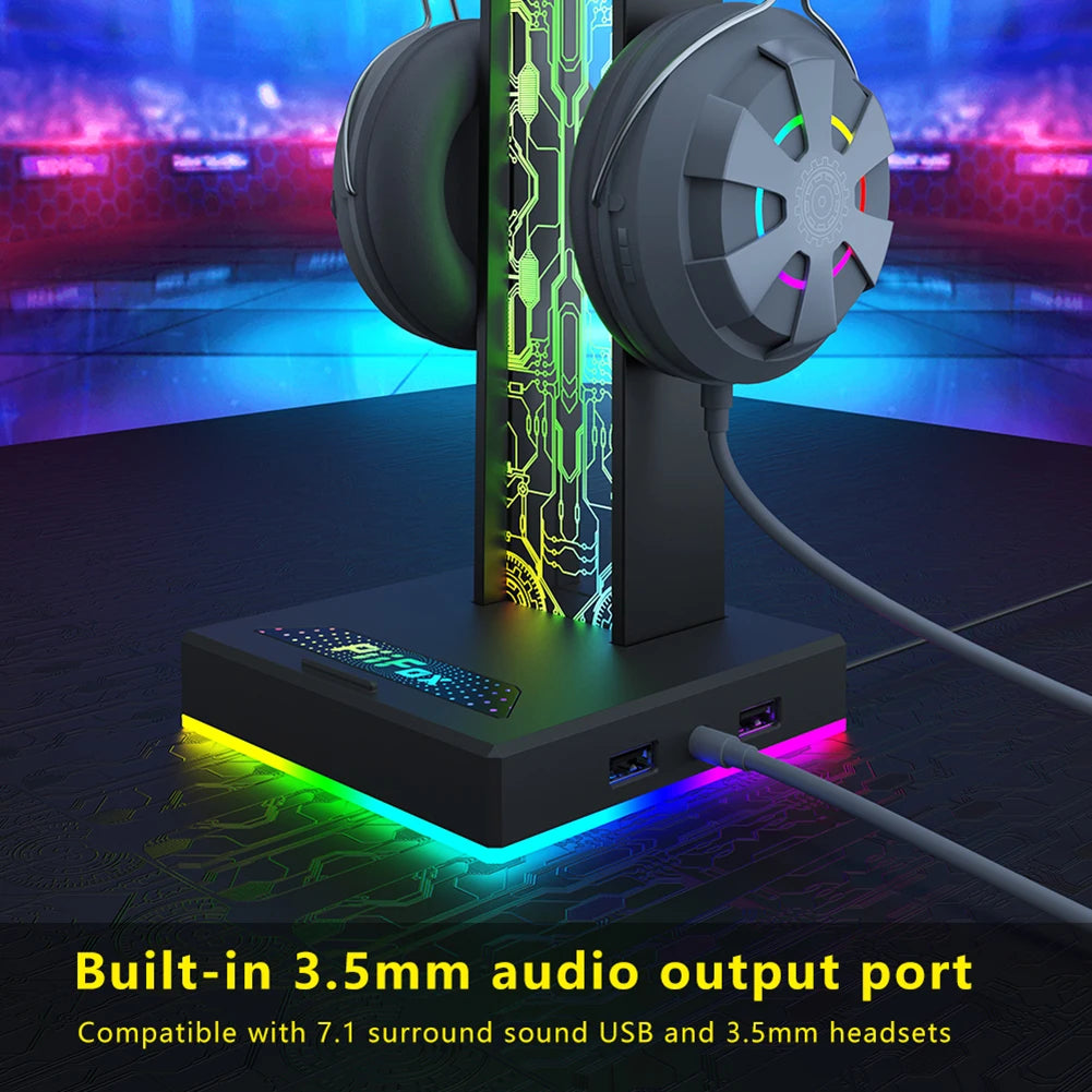 RGB Lights Headphone Stand 10 Lighting Modes Dual USB Port Touch Control Strip Light for All Headsets Gamers Gaming PC Stand