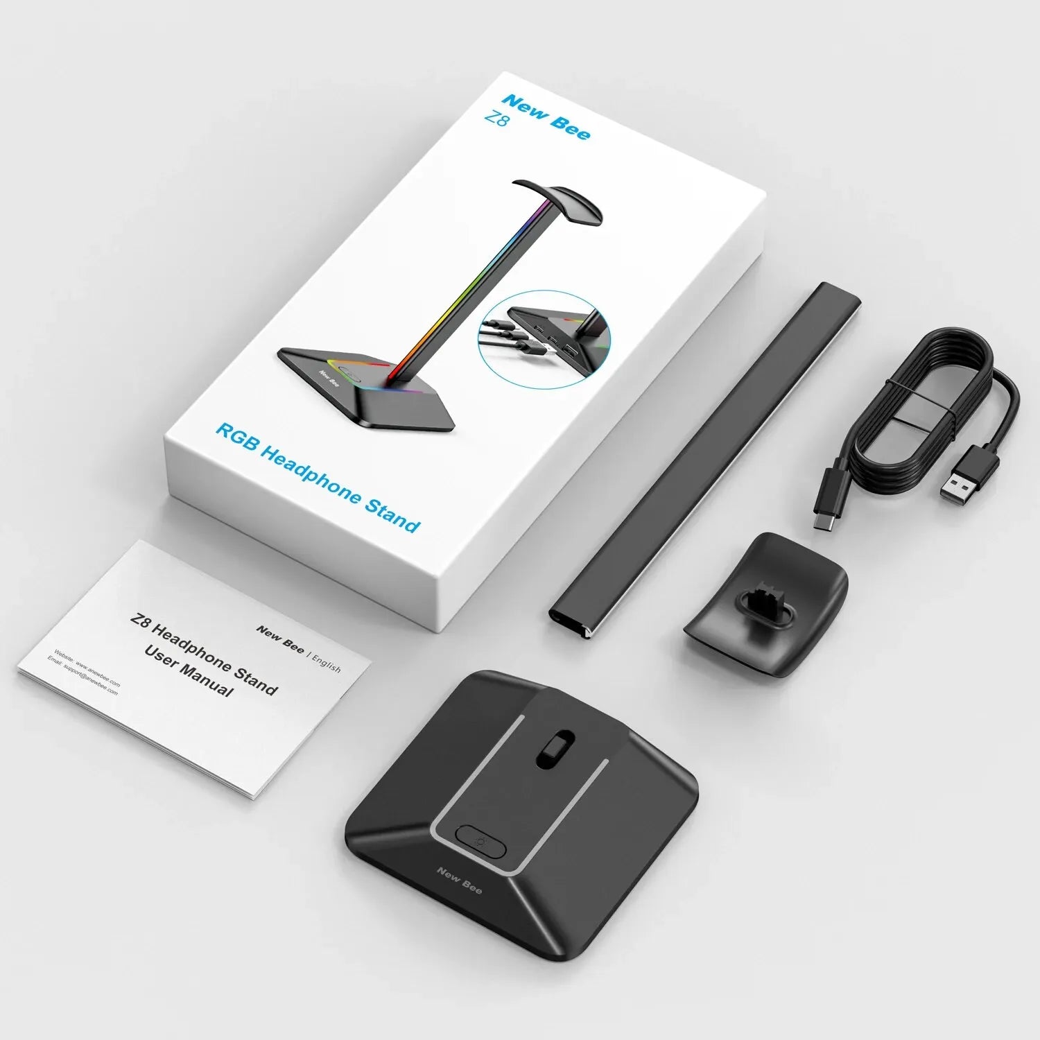 New Bee Z8 RGB Headphones Stand Holder Desk Gaming Headset Cool Display With 2 USB Ports Holder Non-Slip Rubber Base for Gamer