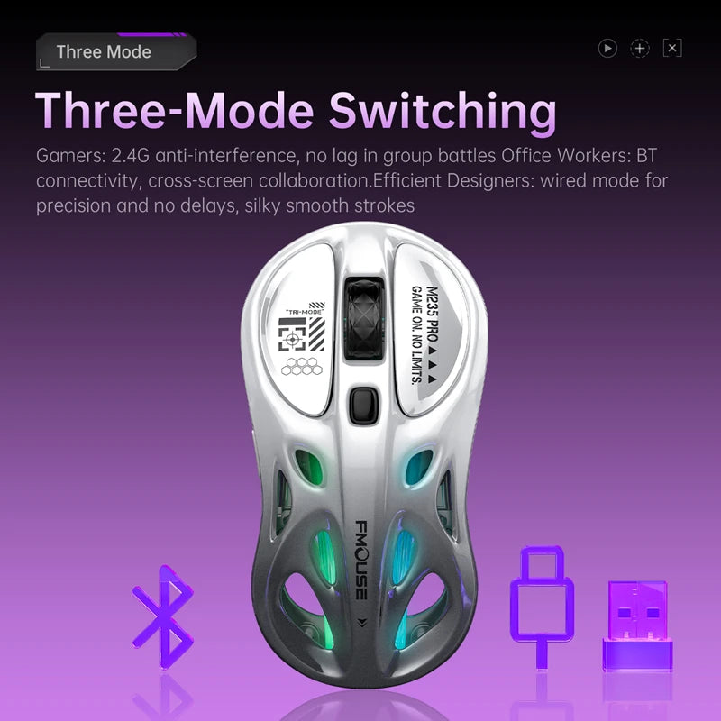 Wireless 2.4G Tri-Mode Rgb Gaming Mouse Hollow Lightweight Design With Chroma Lighting Wired Bluetooth E-Sports Mouse Controller