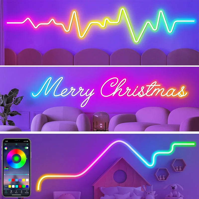 5V USB RGB-IC Neon LED Strip Light 1M 2M 3M 5M Flexible Lamp Tape Neon Lights With Bluetooth APP Control For Home Room Decor