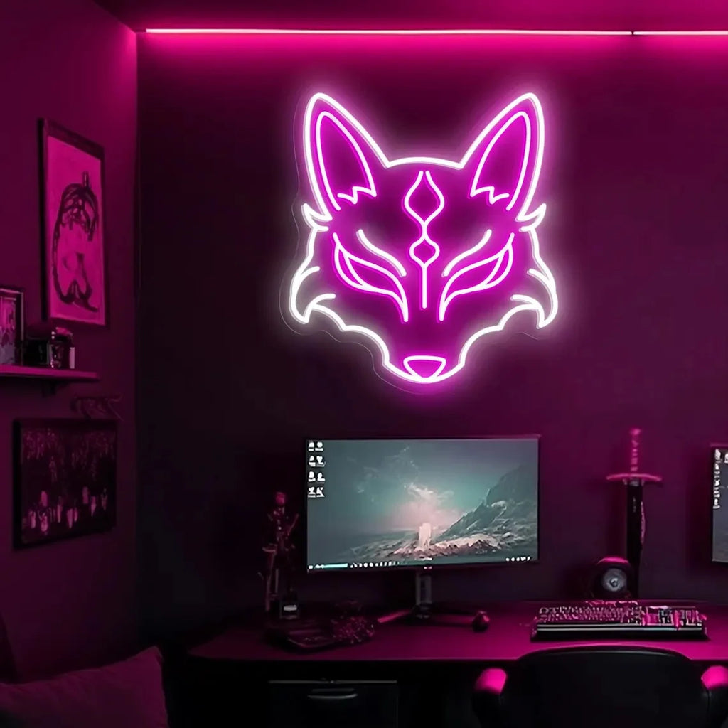Kitsune Mask Neon Sign Japanese Fox Spirit LED Light Wall Decor Sign Fox Neon Sign Anime Room Decor Neon Sign