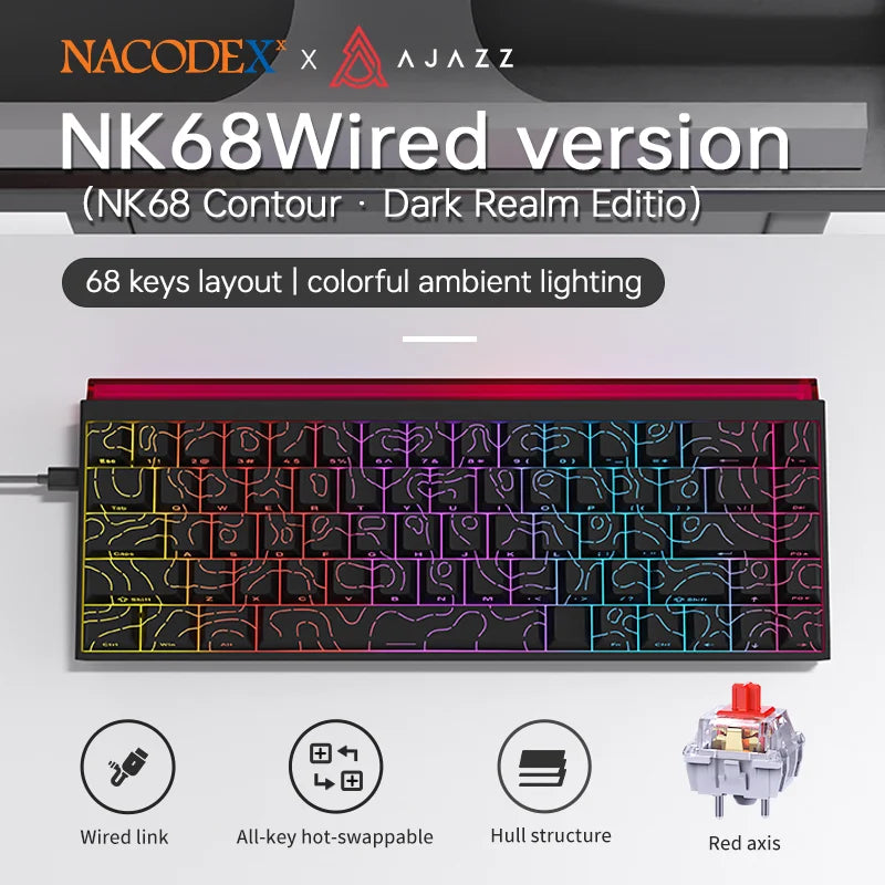 AJAZZ NK68 Mechanical Keyboard - 68-Key Hot-Swap Gaming Keyboard with RGB Backlit Keys, Ergonomic Design, USB Wired Connection