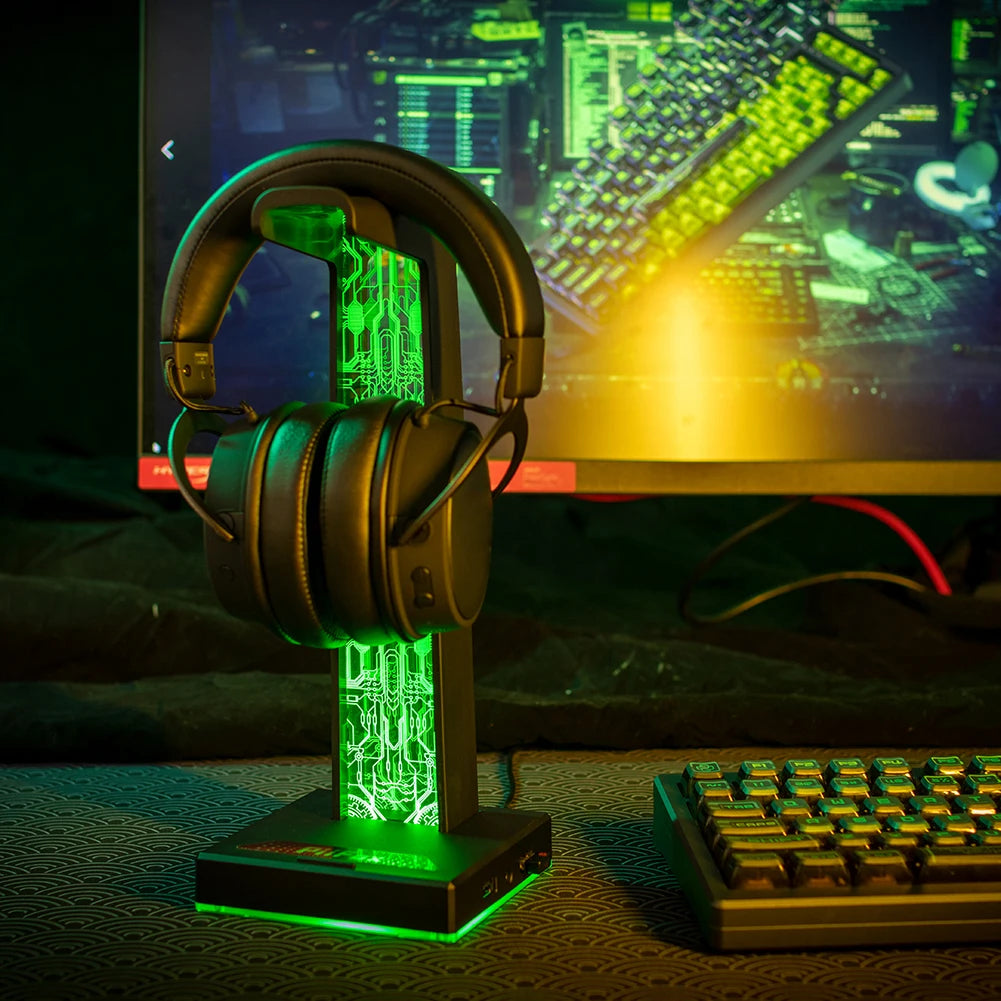 RGB Lights Headphone Stand 10 Lighting Modes Dual USB Port Touch Control Strip Light for All Headsets Gamers Gaming PC Stand