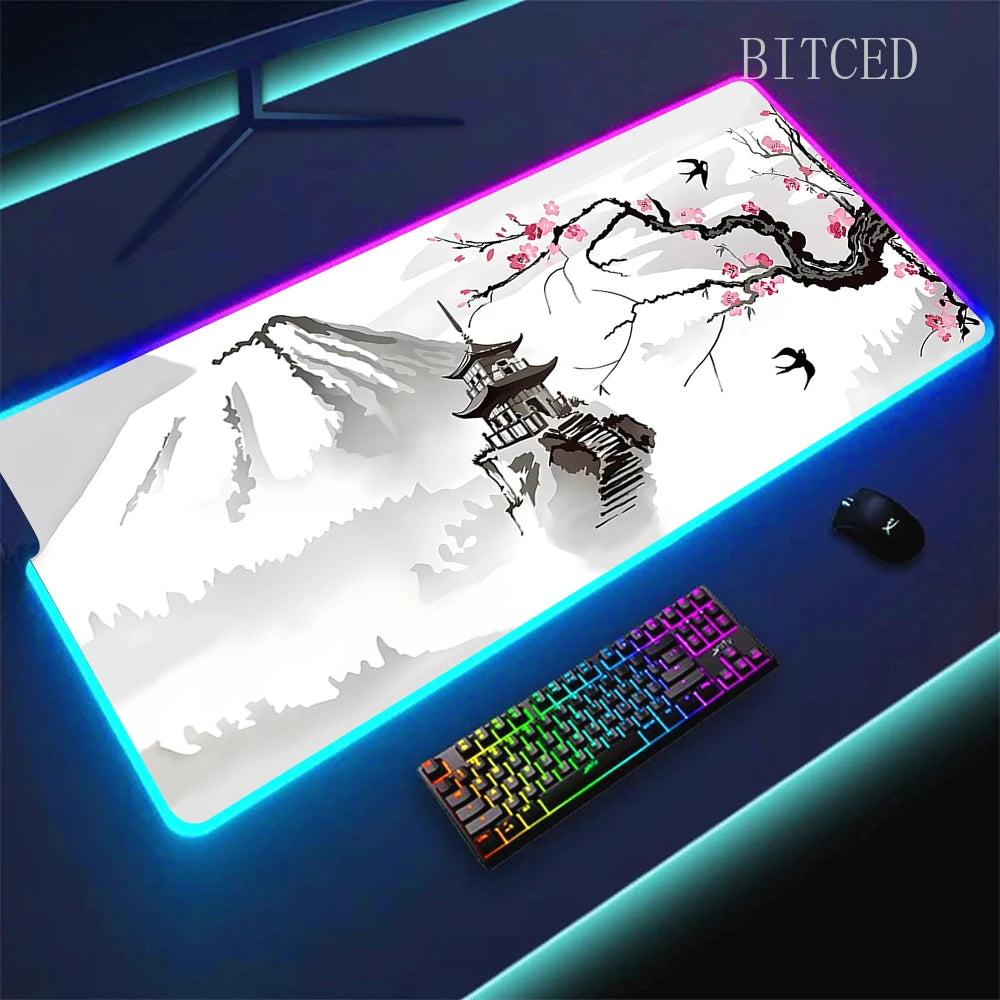 RGB Sakura Scenery  Mousepad Japan Cherry Blossom Gaming Non-slip Table Pad Glowing Keyboard Mouse Pad Laptop Mat With Backlight