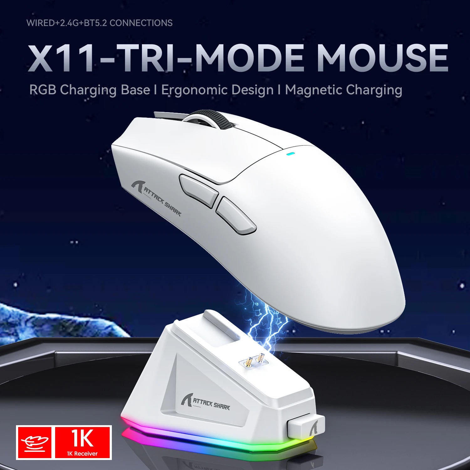 Attack Shark X11 Mouse PAW3311 Wireless 1K Hz Macro Magnetic RGB Docking Charger for Gaming