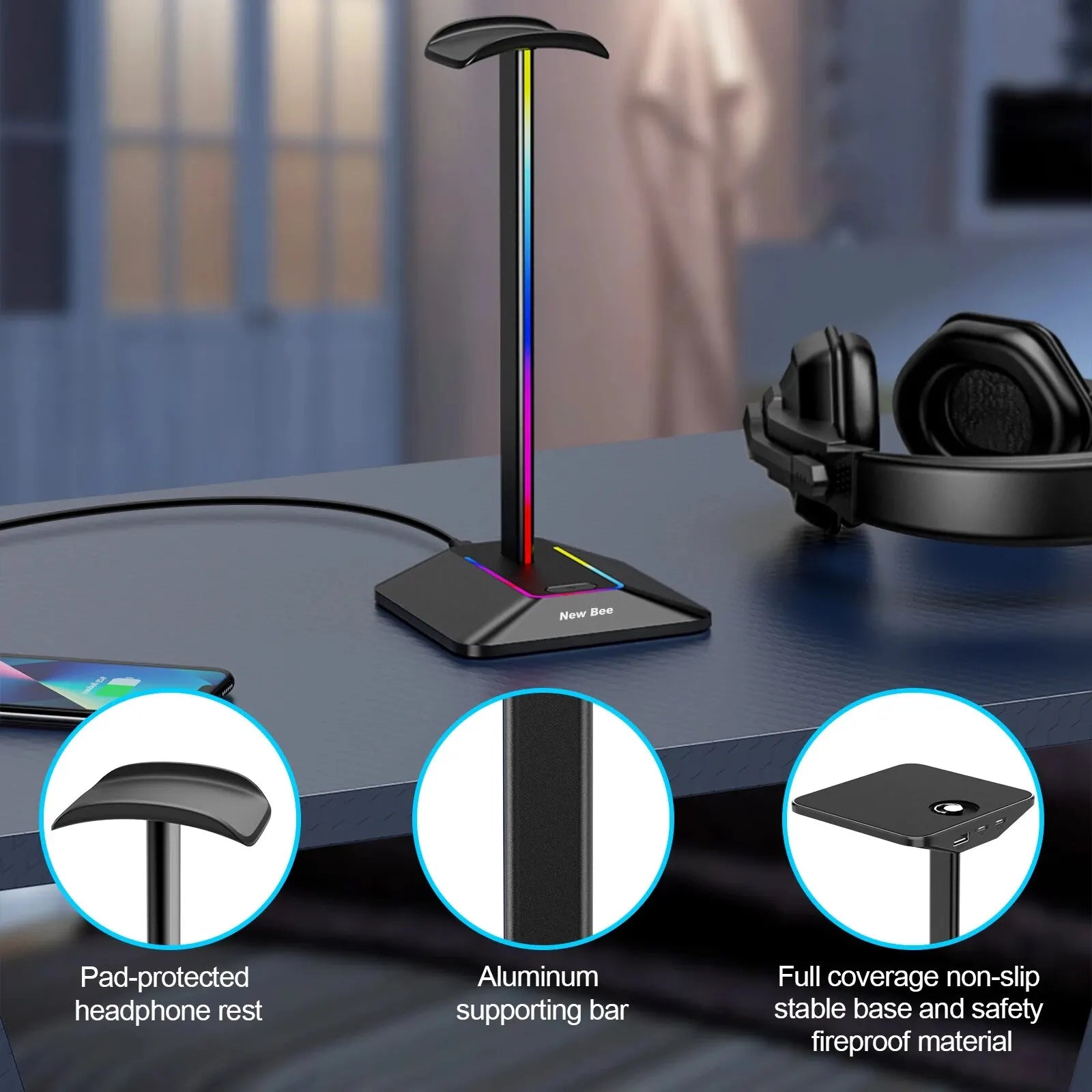 New Bee Z8 RGB Headphones Stand Holder Desk Gaming Headset Cool Display With 2 USB Ports Holder Non-Slip Rubber Base for Gamer