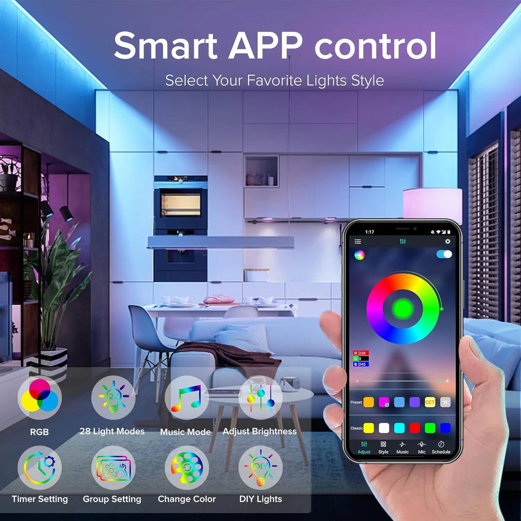 Smart LED Strip Lights with Adhesive Backing，RGB 16 Million Colors Strip Lamp with App/Remote，Adjustable Brightness，Music Sync