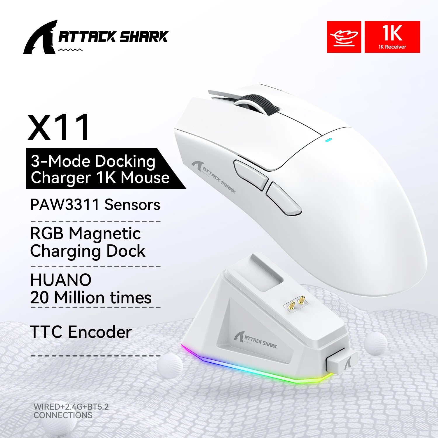 Attack Shark X11 Mouse PAW3311 Wireless 1K Hz Macro Magnetic RGB Docking Charger for Gaming
