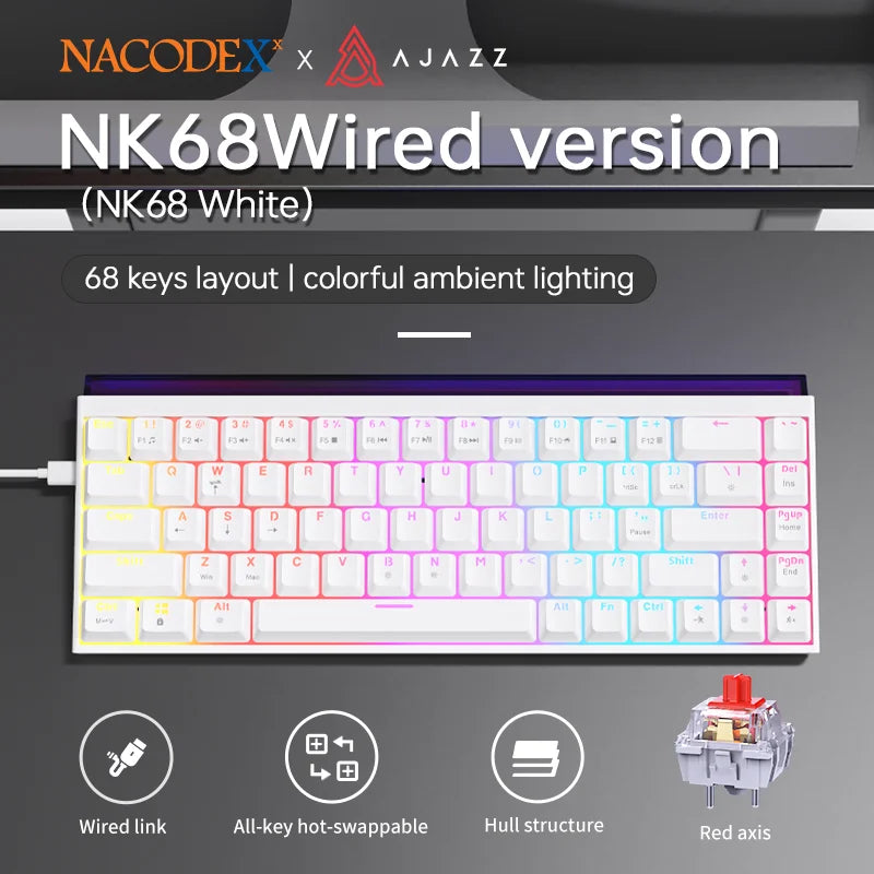 AJAZZ NK68 Mechanical Keyboard - 68-Key Hot-Swap Gaming Keyboard with RGB Backlit Keys, Ergonomic Design, USB Wired Connection