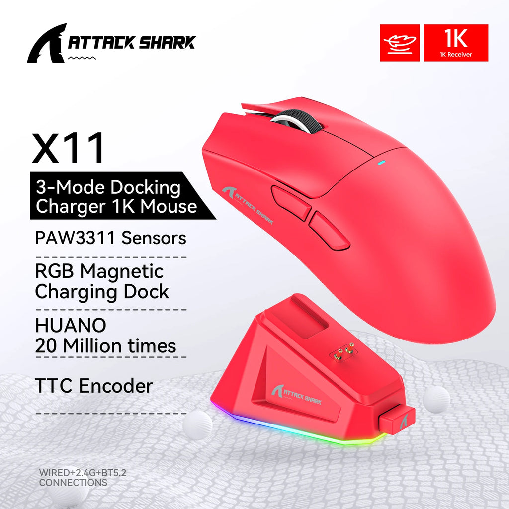 Attack Shark X11 Mouse PAW3311 Wireless 1K Hz Macro Magnetic RGB Docking Charger for Gaming