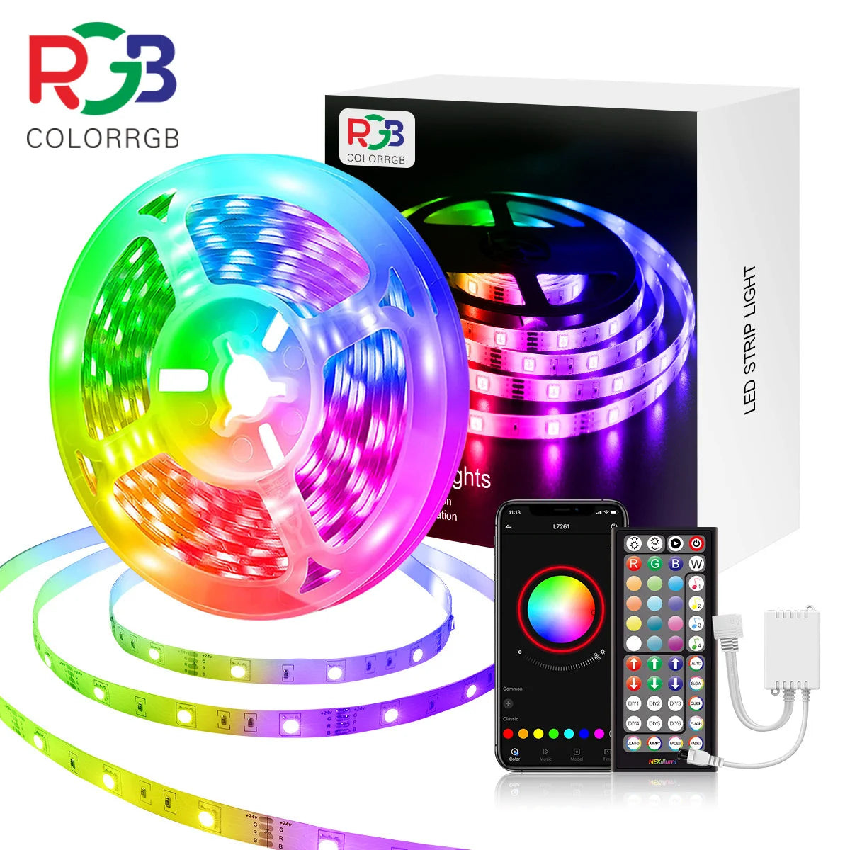 Smart LED Strip Lights with Adhesive Backing，RGB 16 Million Colors Strip Lamp with App/Remote，Adjustable Brightness，Music Sync