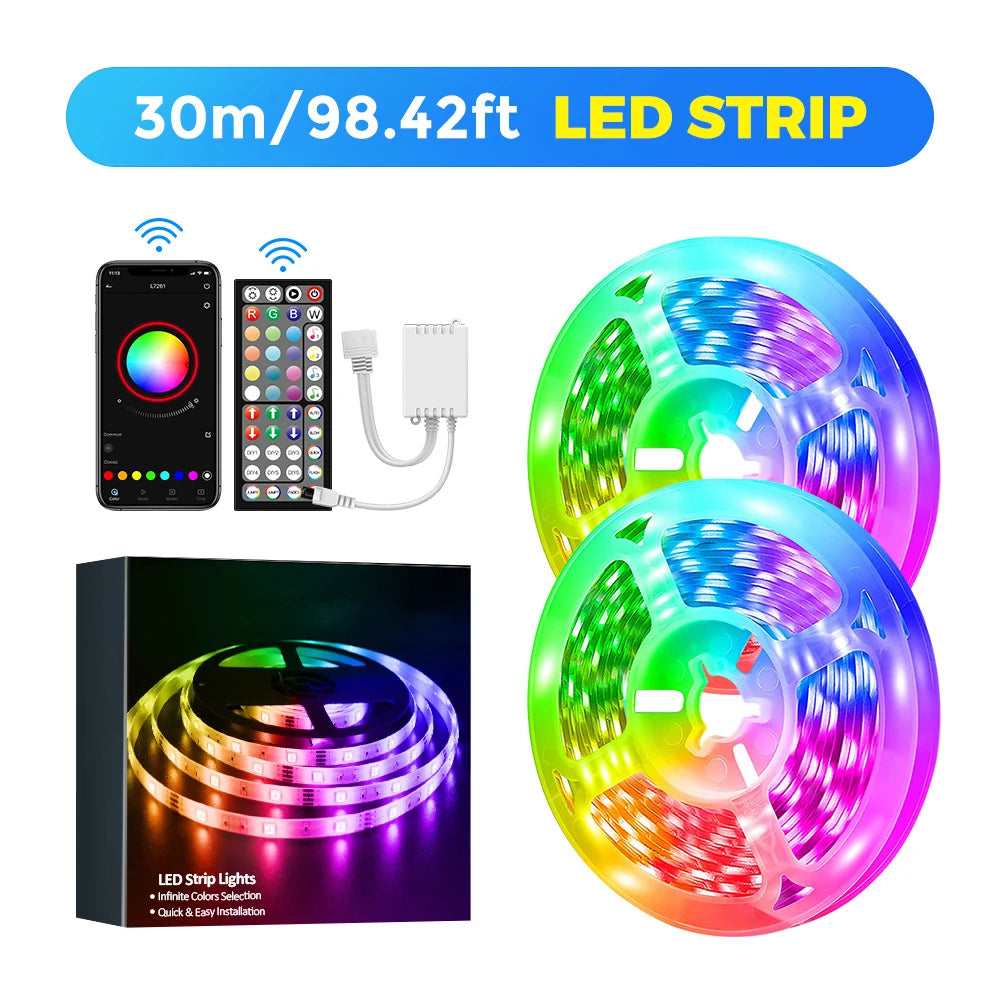 Smart LED Strip Lights with Adhesive Backing，RGB 16 Million Colors Strip Lamp with App/Remote，Adjustable Brightness，Music Sync