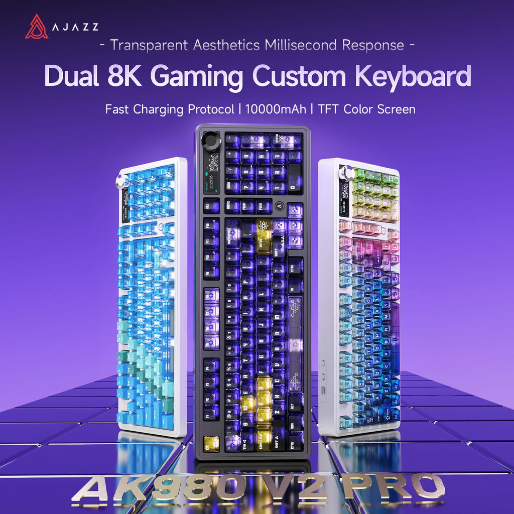 AJAZZ AK980V2 Pro 10000mAh Battery Dual 8K Polling Rate Tri-Mode Wired/Bluetooth/2.4G Gaming Keyboard with Color Screen
