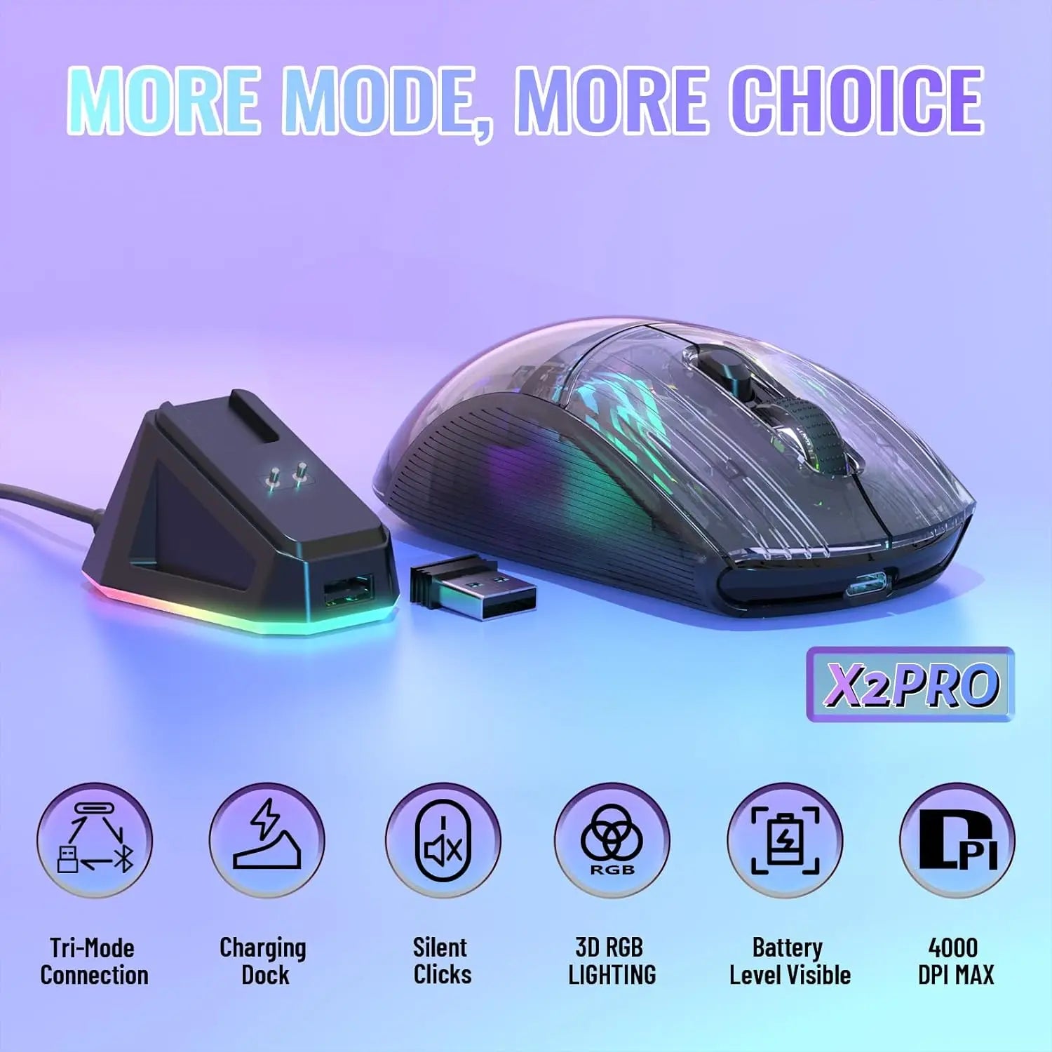 ATTACK SHARK X2 Pro Tri-mode Gaming Mouse with RGB Charging Dock, Transparent Shell, PixArt 3212, Up to 4000 DPI, RGB Backlit