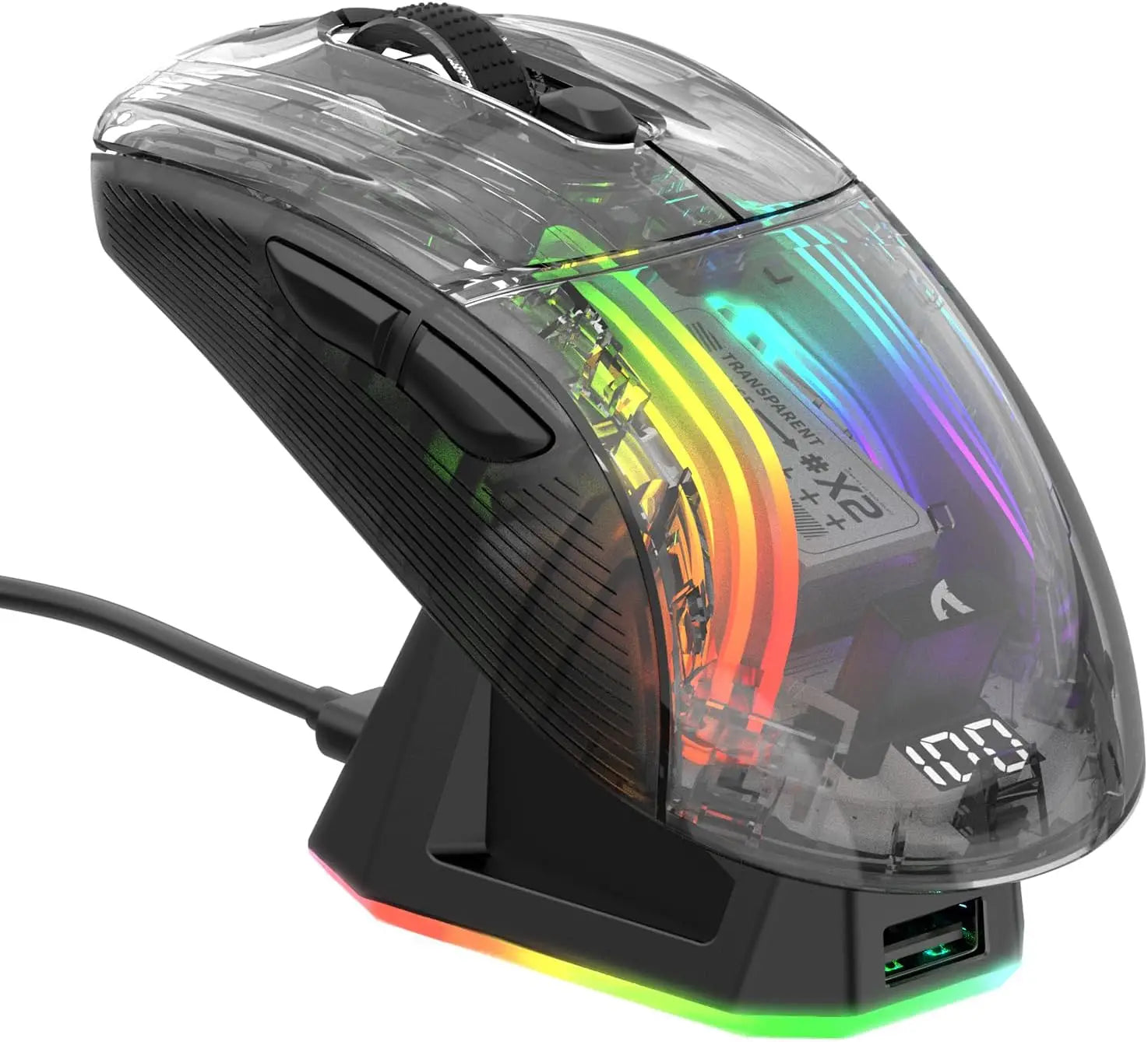 ATTACK SHARK X2 Pro Tri-mode Gaming Mouse with RGB Charging Dock, Transparent Shell, PixArt 3212, Up to 4000 DPI, RGB Backlit