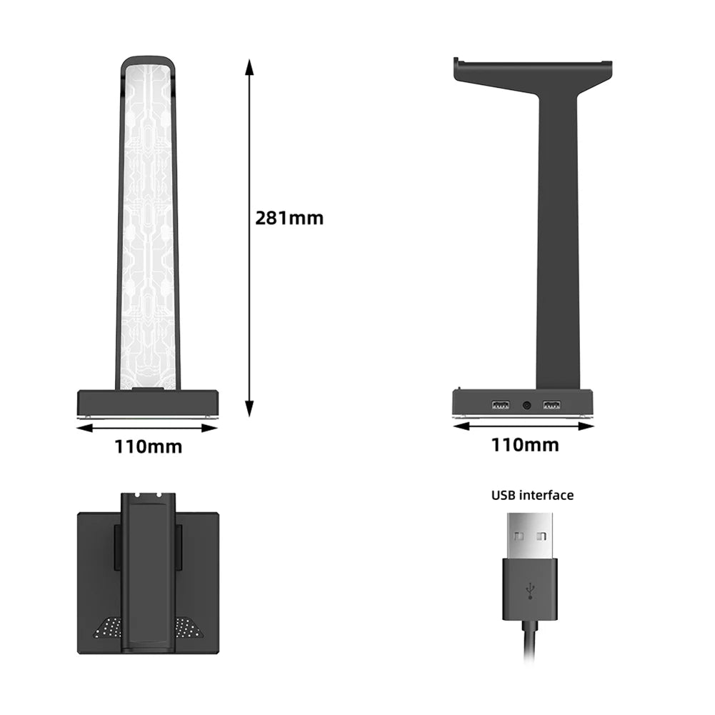 RGB Lights Headphone Stand 10 Lighting Modes Dual USB Port Touch Control Strip Light for All Headsets Gamers Gaming PC Stand