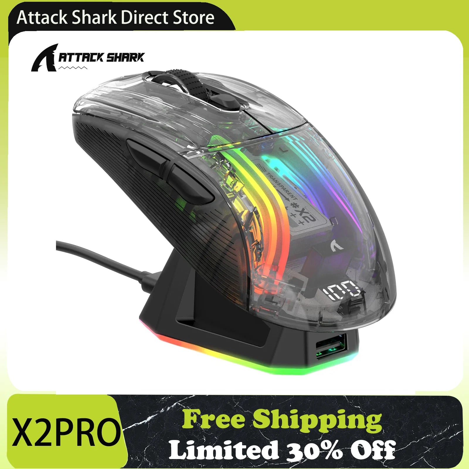 ATTACK SHARK X2 Pro Tri-mode Gaming Mouse with RGB Charging Dock, Transparent Shell, PixArt 3212, Up to 4000 DPI, RGB Backlit