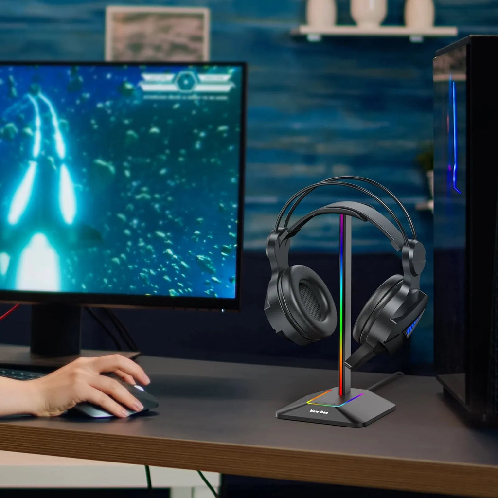 New Bee Z8 RGB Headphones Stand Holder Desk Gaming Headset Cool Display With 2 USB Ports Holder Non-Slip Rubber Base for Gamer