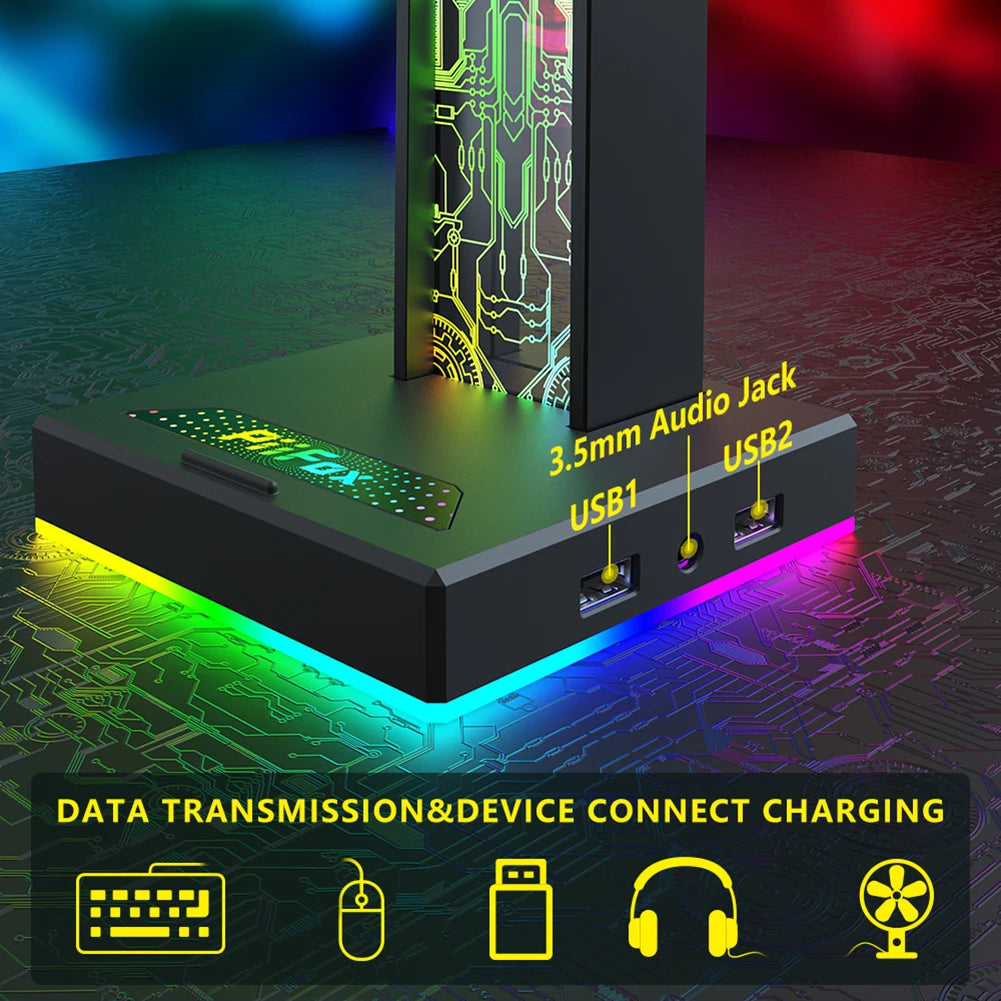 RGB Lights Headphone Stand 10 Lighting Modes Dual USB Port Touch Control Strip Light for All Headsets Gamers Gaming PC Stand