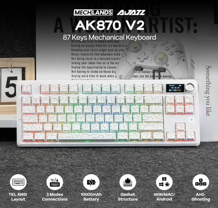 AJAZZ AK870 V2 TKL Gasket Mechanical Keyboard, BT5.0/2.4GHz/USB-C Wireless Gaming Keyboard with 10000mAh Battery, RGB Backlits,