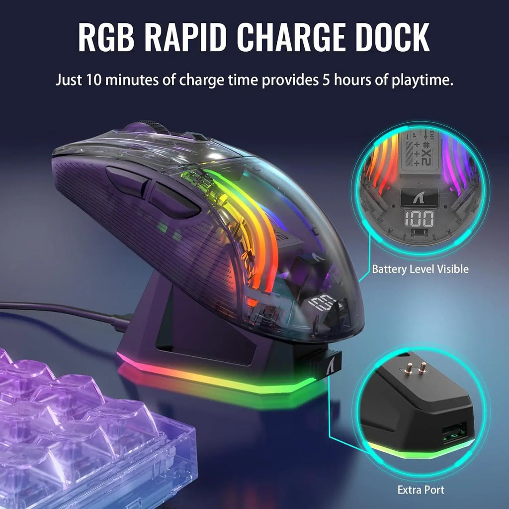 ATTACK SHARK X2 Pro Tri-mode Gaming Mouse with RGB Charging Dock, Transparent Shell, PixArt 3212, Up to 4000 DPI, RGB Backlit